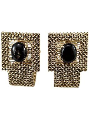 14K Yellow Gold Basketweave and Black Cabochon Stone Cufflinks #25199